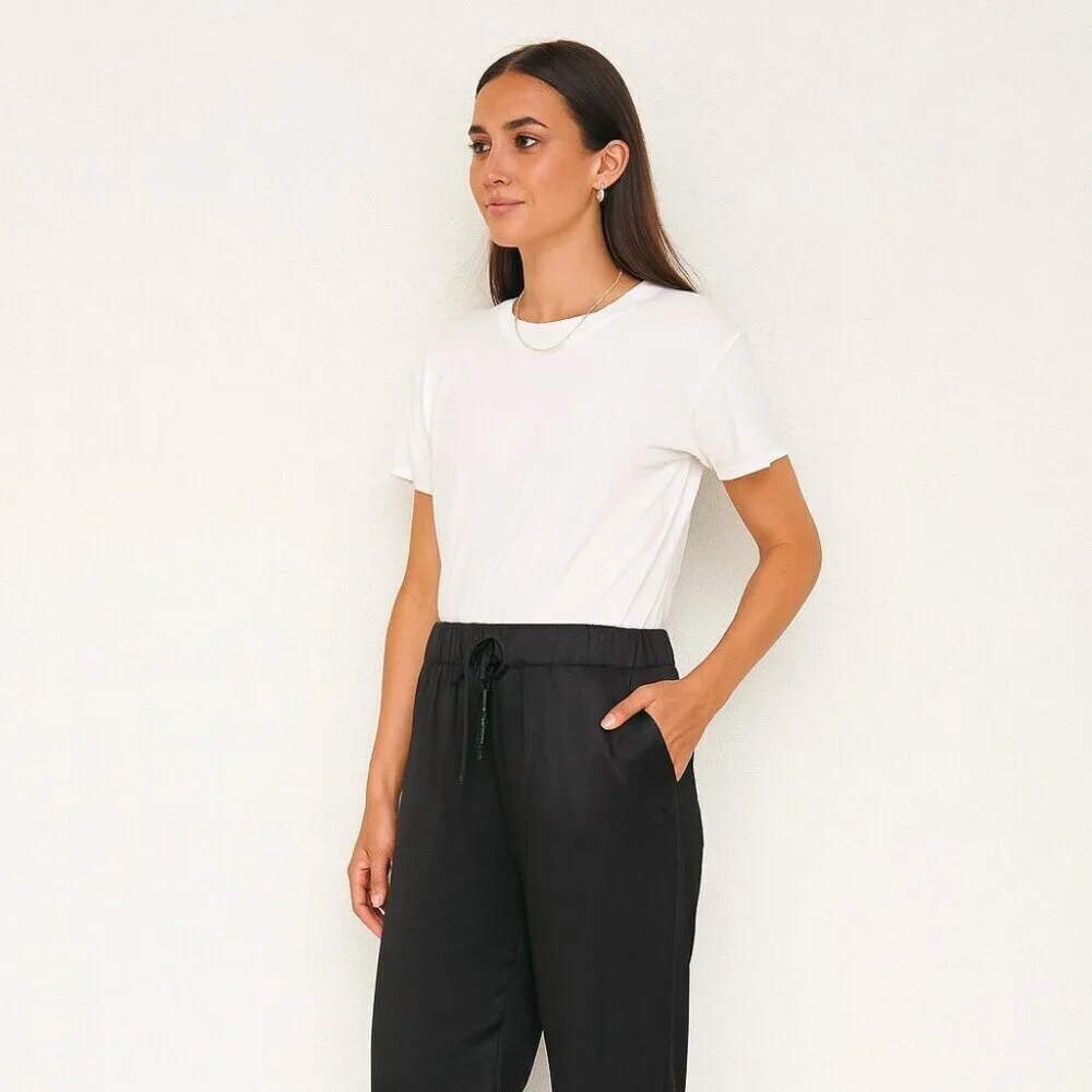 Mara’s Collection Black Satin Pants Size L Luxe Greek Made Relaxed Fit